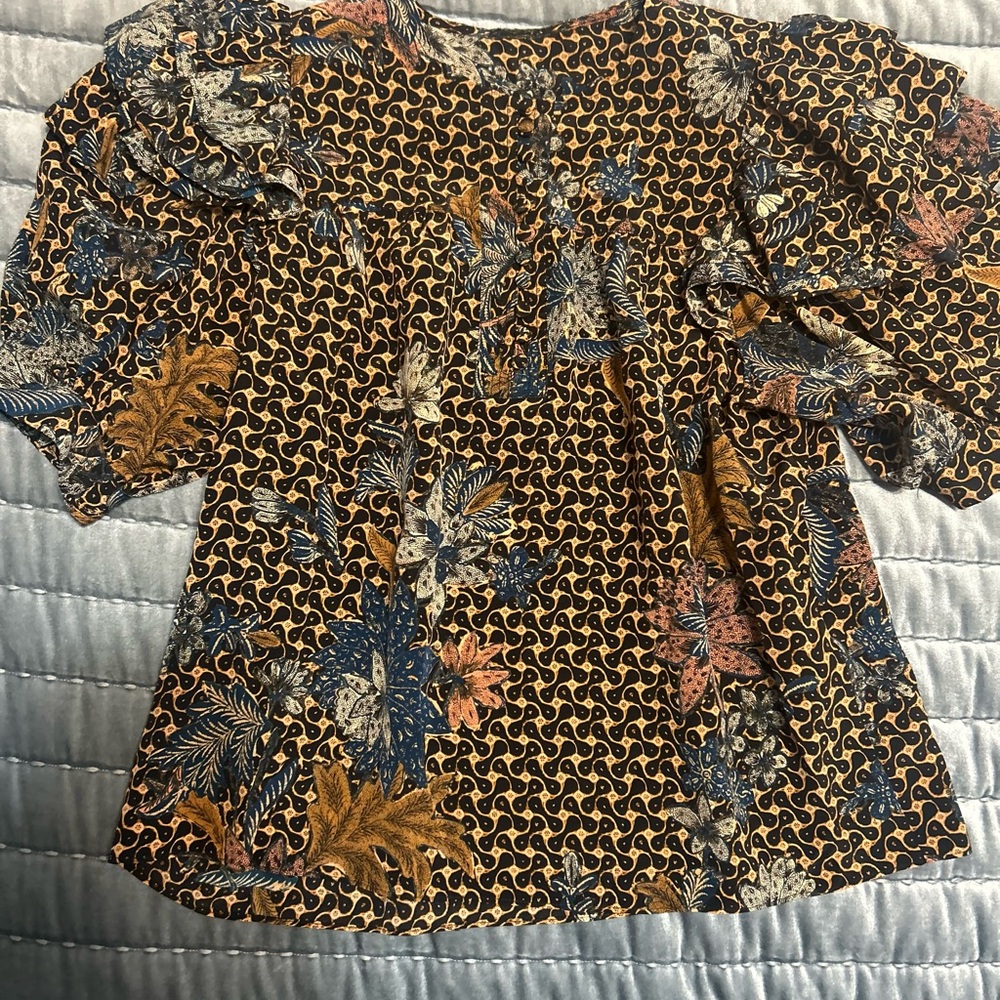Ulla Johnson Brown Black Flutter Sleeve Blouse